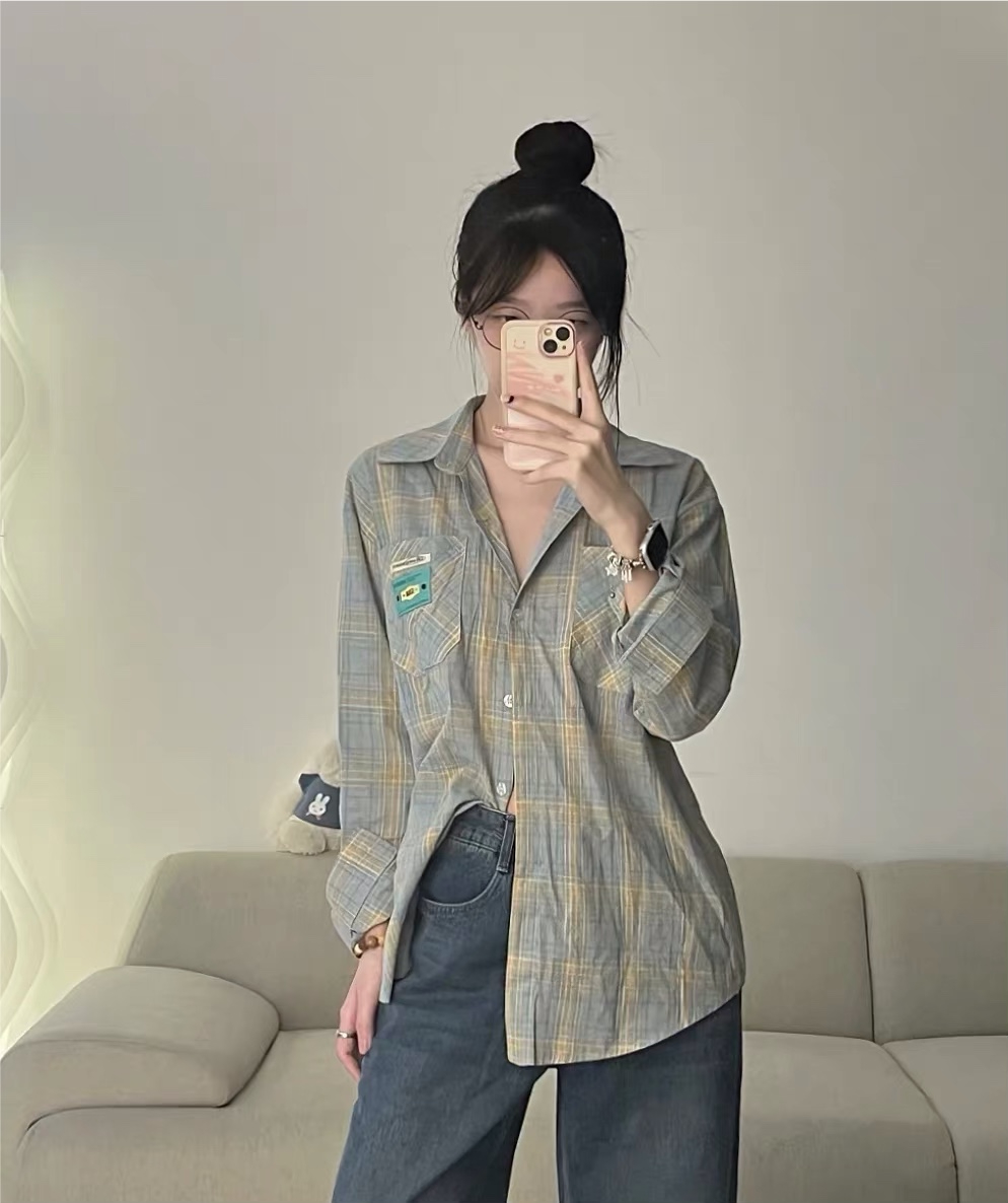 Original fabric, thin design, versatile summer label plaid long-sleeved blue sun protection shirt loose for women