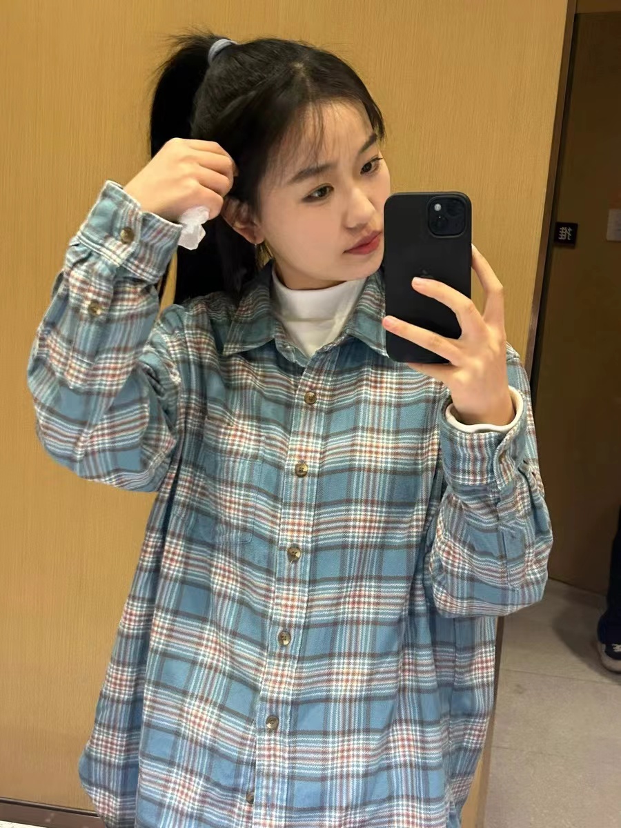 Korean light luxury milk blue plaid shirt for female students to wear loose, slim and versatile bottoming shirt to wear outside