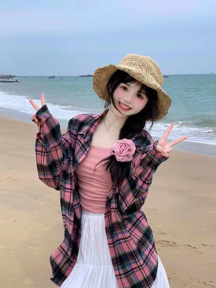 Retro pink and blue plaid shirt for women 2024 new Korean style temperament ins loose casual slim shirt for outer wear