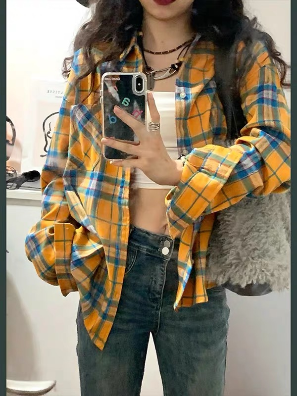 Yellow plaid shirt women's spring design niche loose high street retro Polo collar long-sleeved shirt ins trend