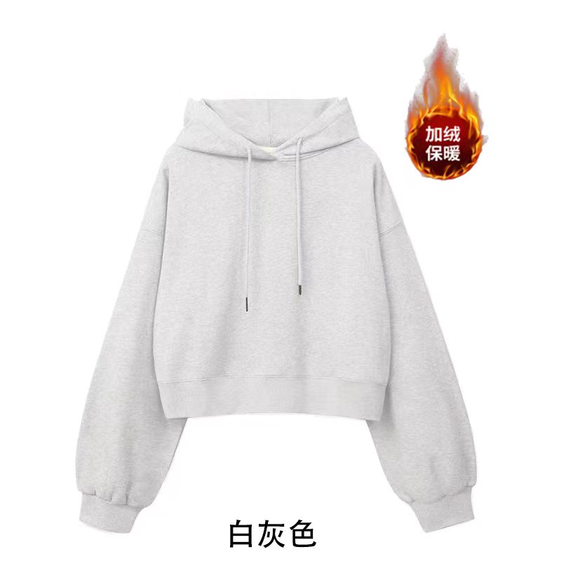 100% cotton surface Chinese cotton wool composite silver fox velvet 420g light version short hooded plus velvet sweatshirt for women blank version