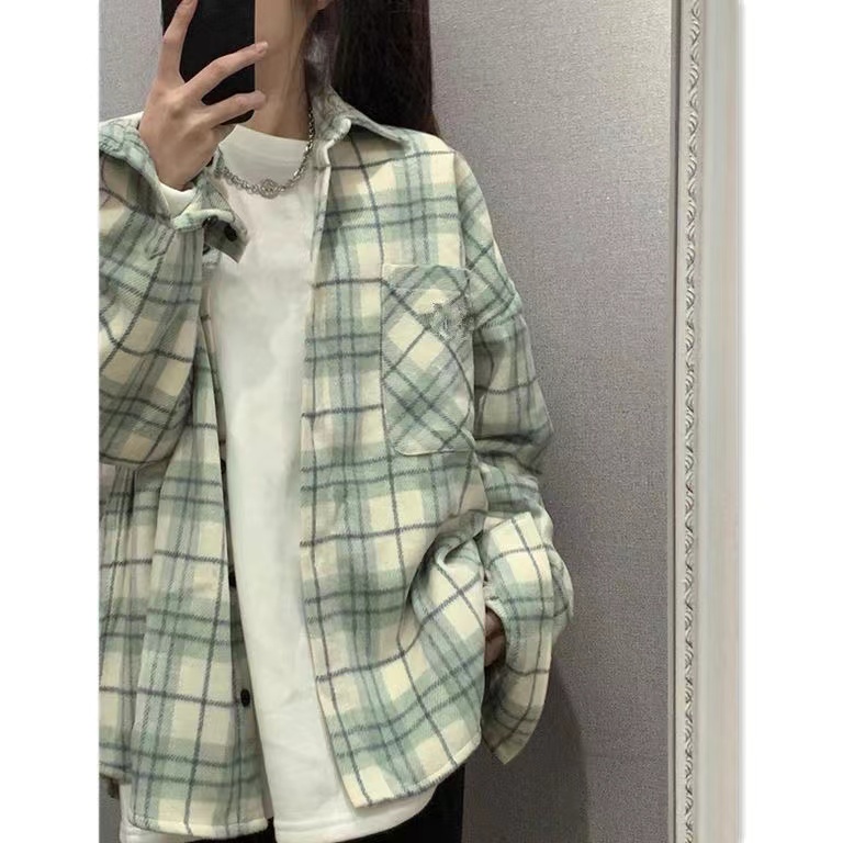 Mint Green Long Sleeve Plaid Shirt Women's Casual French Style Retro Lazy Shirt  Autumn New Top