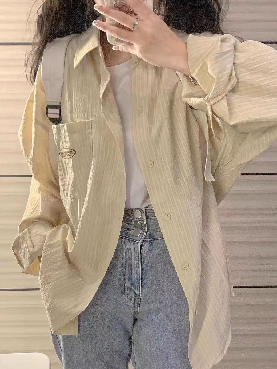 Cotton Japanese plaid layered long-sleeved shirt for women new autumn Polo collar khaki niche tops