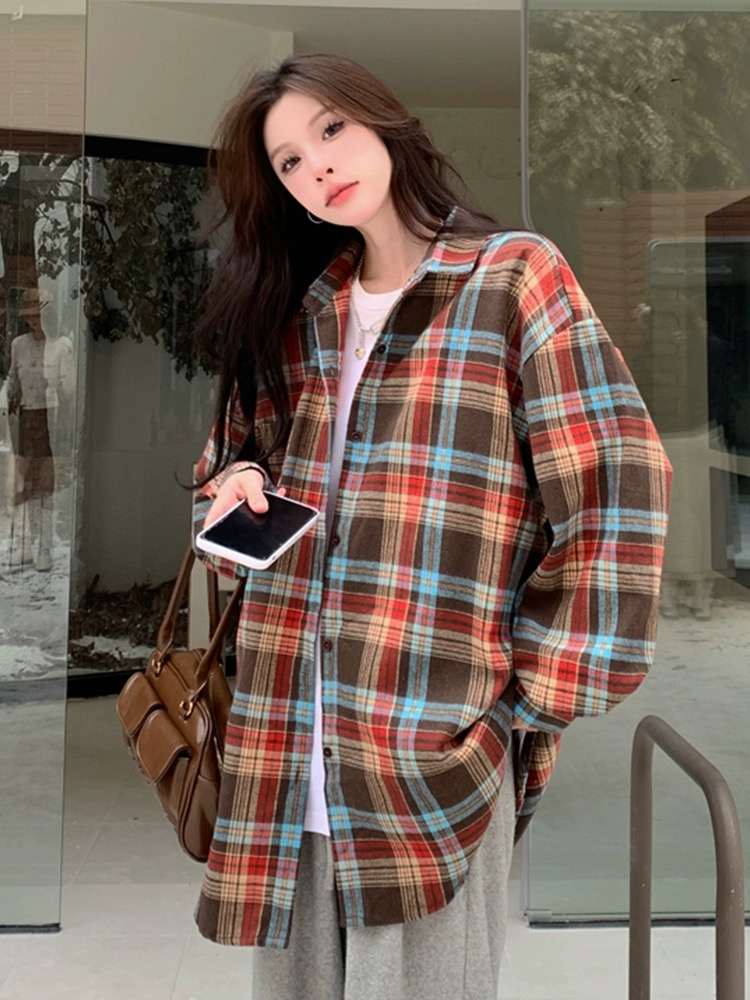 Contrast plaid shirt for women 2024 spring and autumn new long-sleeved thin shirt lazy style loose Korean cardigan jacket