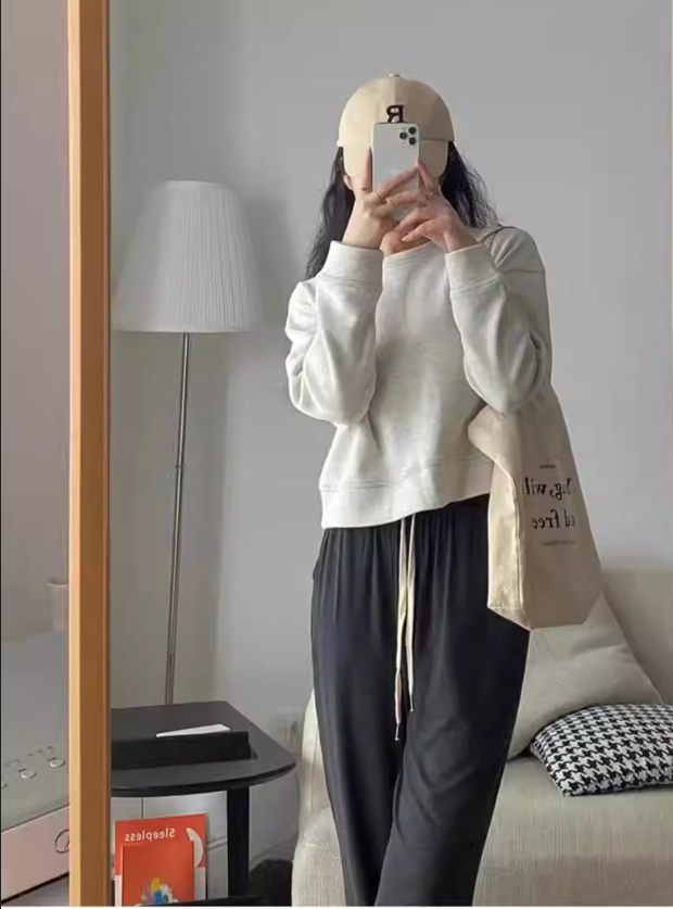 100% cotton surface Chinese cotton 320g/420g spring and autumn 2024 new solid color slim short round neck pullover sweatshirt for women