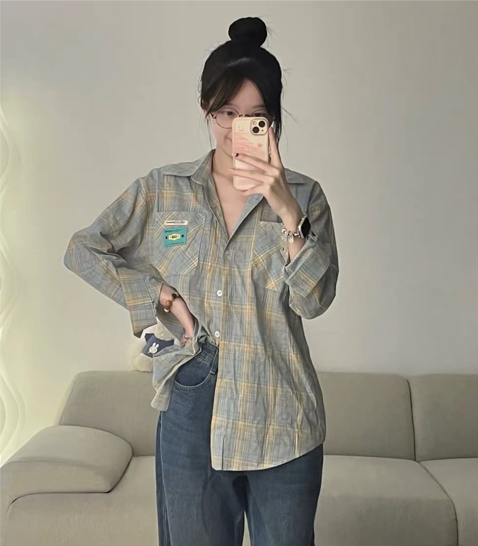 Original fabric, thin design, versatile summer label plaid long-sleeved blue sun protection shirt loose for women