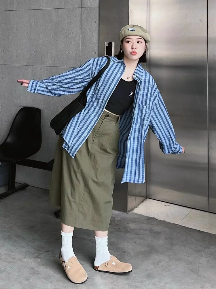 Original fabric Hong Kong style long-sleeved shirt for women autumn  new retro loose and versatile plaid shirt jacket