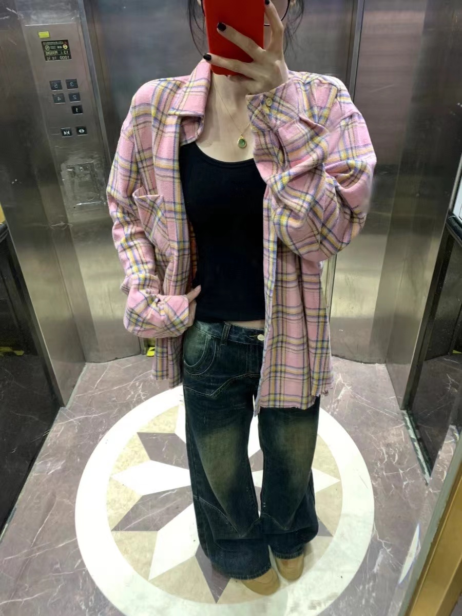 Forest-style sweet pink plaid shirt for women in early autumn, medium-thick, loose, casual, slim, mid-length shirt, cardigan