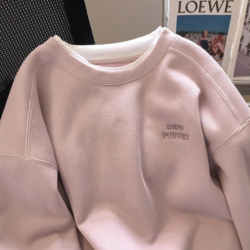 Fake two-piece lotus root pink sweatshirt for women in autumn and winter new style plus velvet and thickened student loose ins long-sleeved top