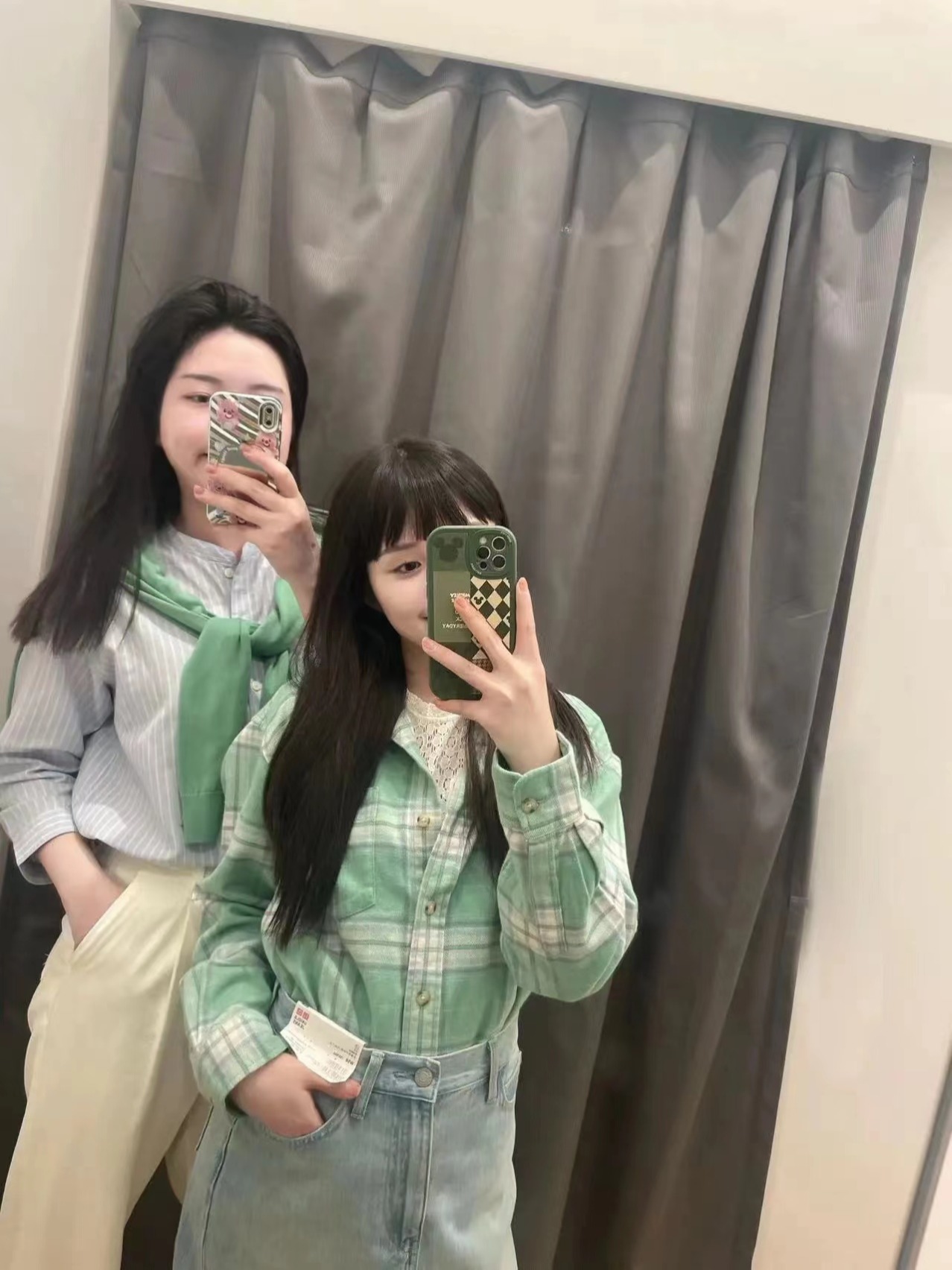 Original fabric green cotton plaid shirt for women layered bottoming top loose slimming shirt