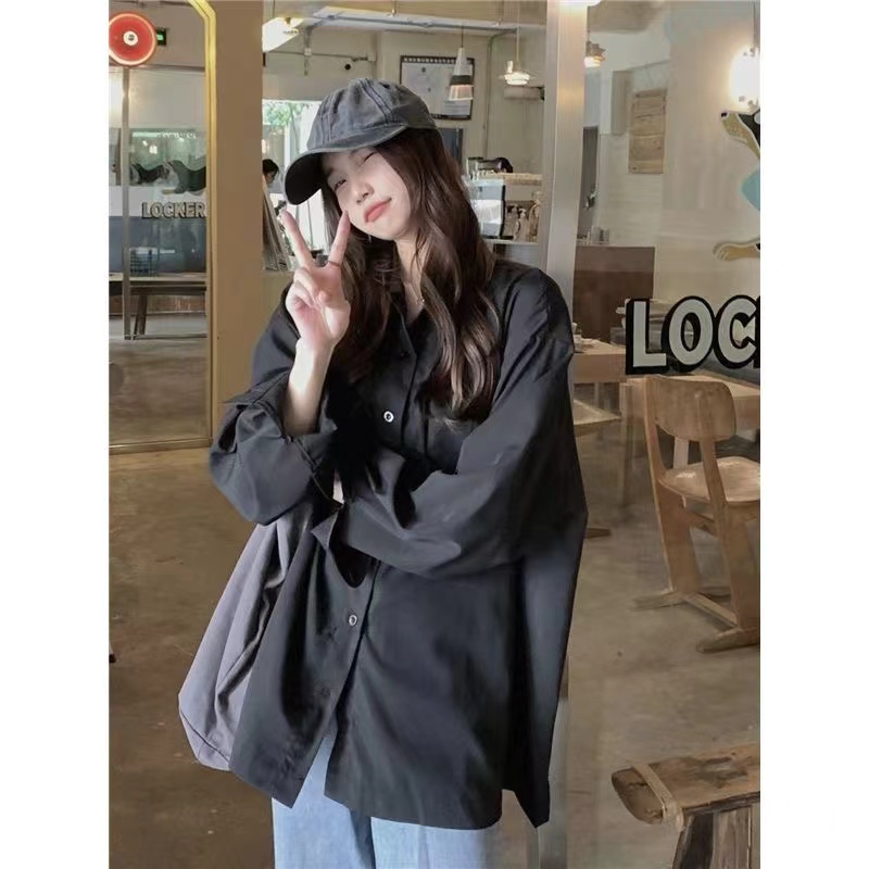 Designed pure cotton retro black shirt women's trendy and cool mid-length spring shirt long-sleeved top jacket