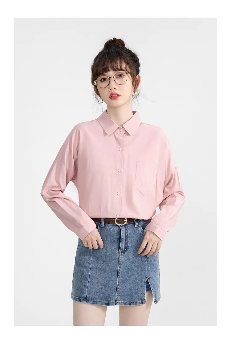 New early autumn lotus pink pure cotton shirt for women to wear inside and outside niche design long-sleeved tops petite shirt