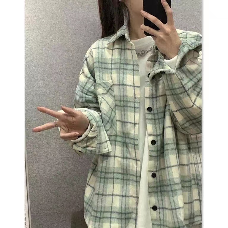 Mint Green Long Sleeve Plaid Shirt Women's Casual French Style Retro Lazy Shirt  Autumn New Top