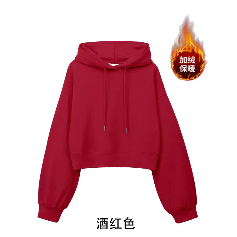 100% cotton surface Chinese cotton wool composite silver fox velvet 420g light version short hooded plus velvet sweatshirt for women blank version