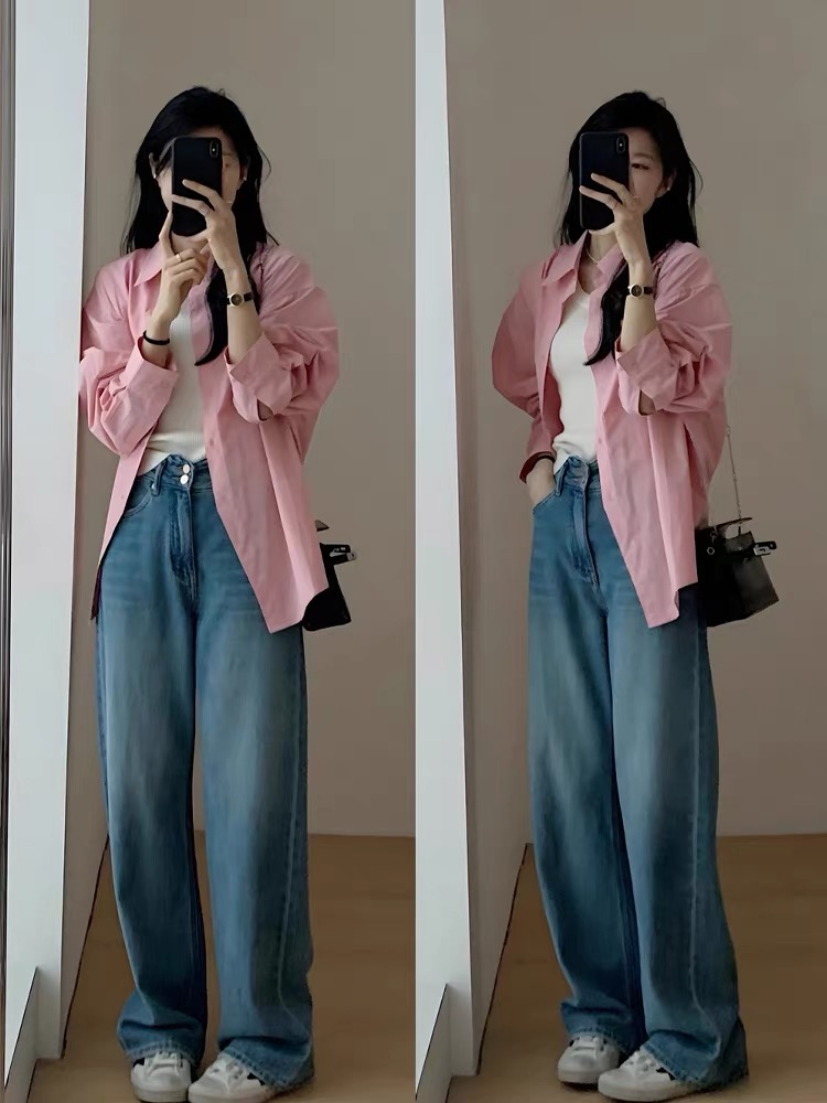 Pink polo collar shirt jacket autumn  new Korean fashion age-reducing casual loose long-sleeved top for women