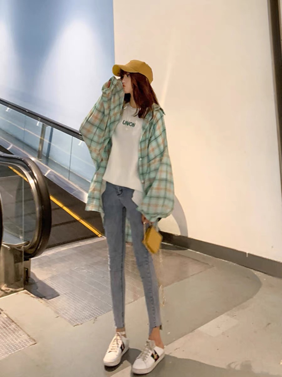 Plaid shirt women's sun protection clothing autumn  new Korean style loose bestie outfit mid-length thin shirt jacket trendy