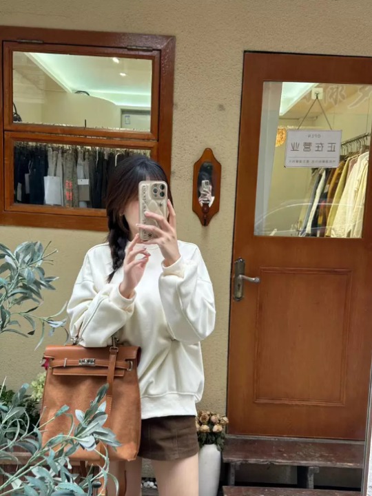 100% polyester fiber 320g imitation cotton Chinese cotton 2024 spring and autumn solid color round neck pullover sweet style sweatshirt for women