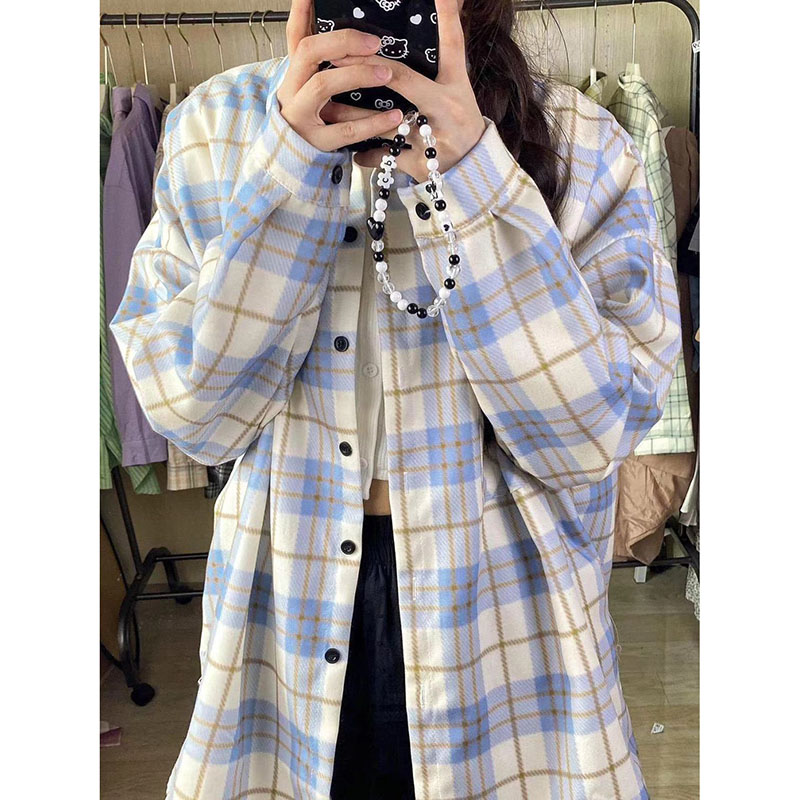 2024 spring thin forest style fresh blue plaid shirt women's shirt with cardigan loose lazy style top