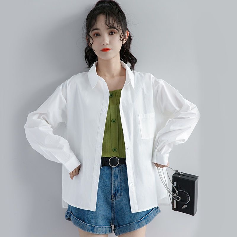 Velvet pure cotton  new casual white long-sleeved shirt women's thin top loose niche jacket