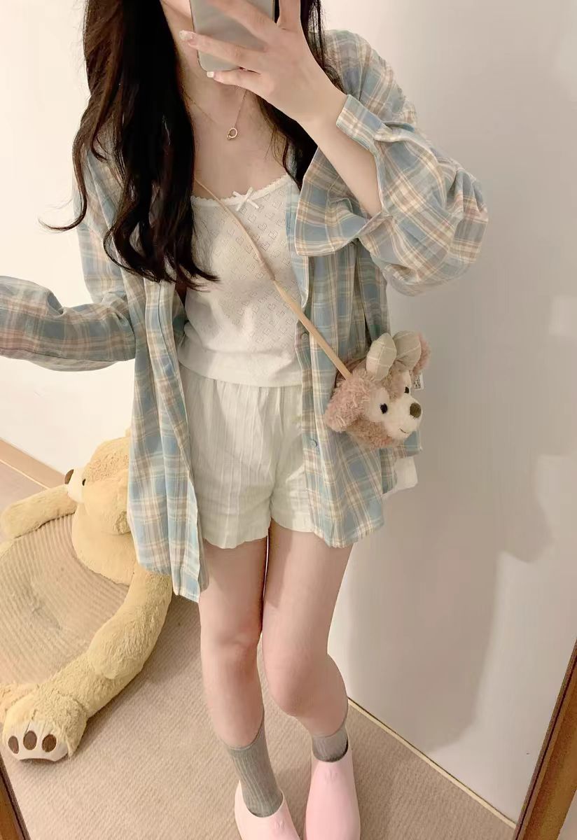 New American retro thin plaid long-sleeved shirt jacket summer design sun protection cardigan loose shirt