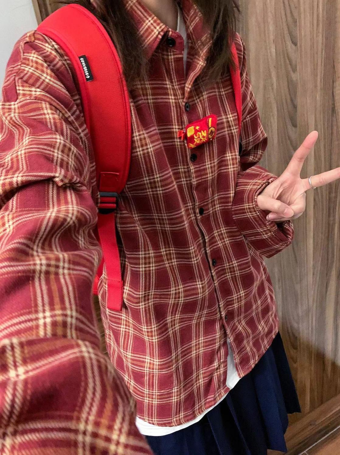 American high-end red plaid shirt for women spring and autumn 2024 new loose lazy style long-sleeved shirt top for outer wear