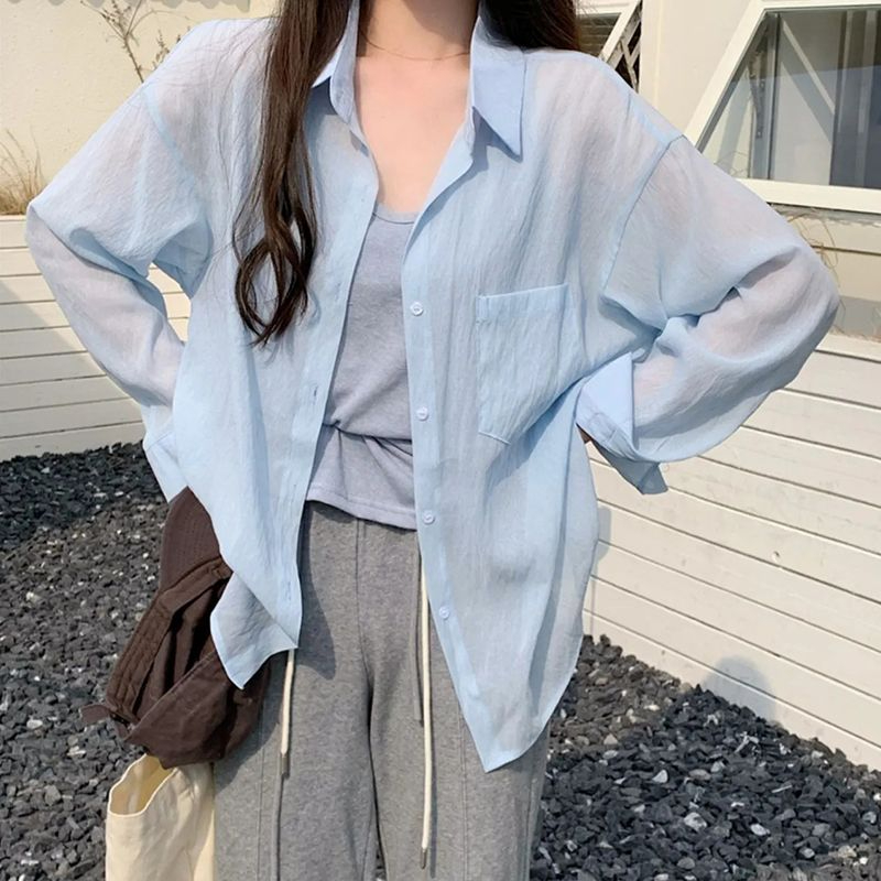 French solid color thin sun protection long-sleeved shirt women's summer new loose slim shirt layered top jacket