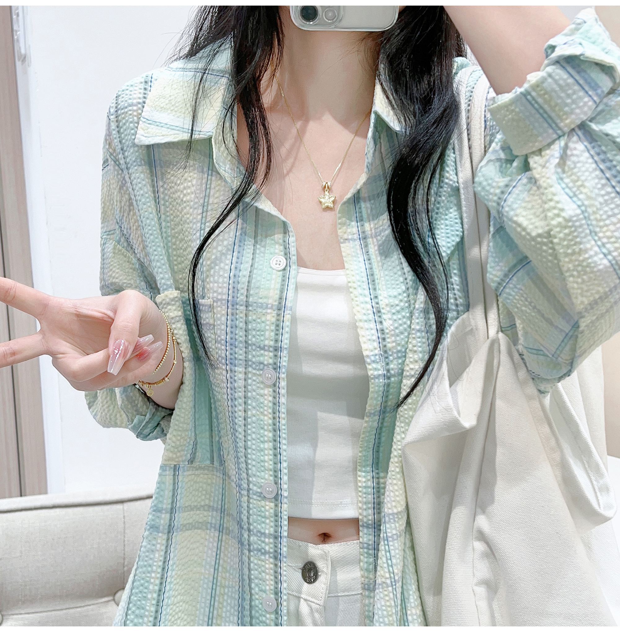 Summer coat, Korean style loose sun protection long-sleeved plaid shirt, lazy design top, mint Mambo style outfit