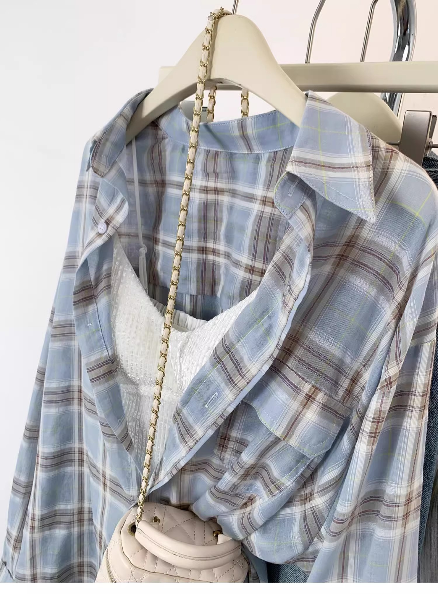 Blue plaid shirt for women 2024 early spring layered outer design niche fashionable outer shirt summer jacket