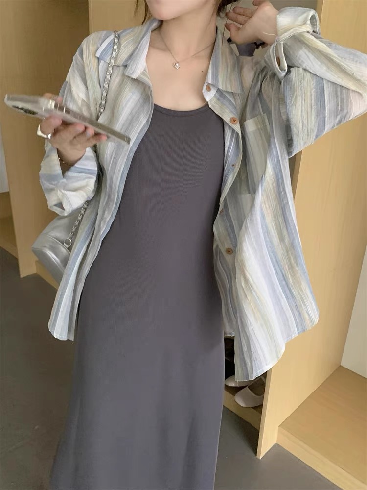 Autumn new style mid-length loose large size long-sleeved cardigan chiffon shirt female student vertical striped shirt jacket trendy