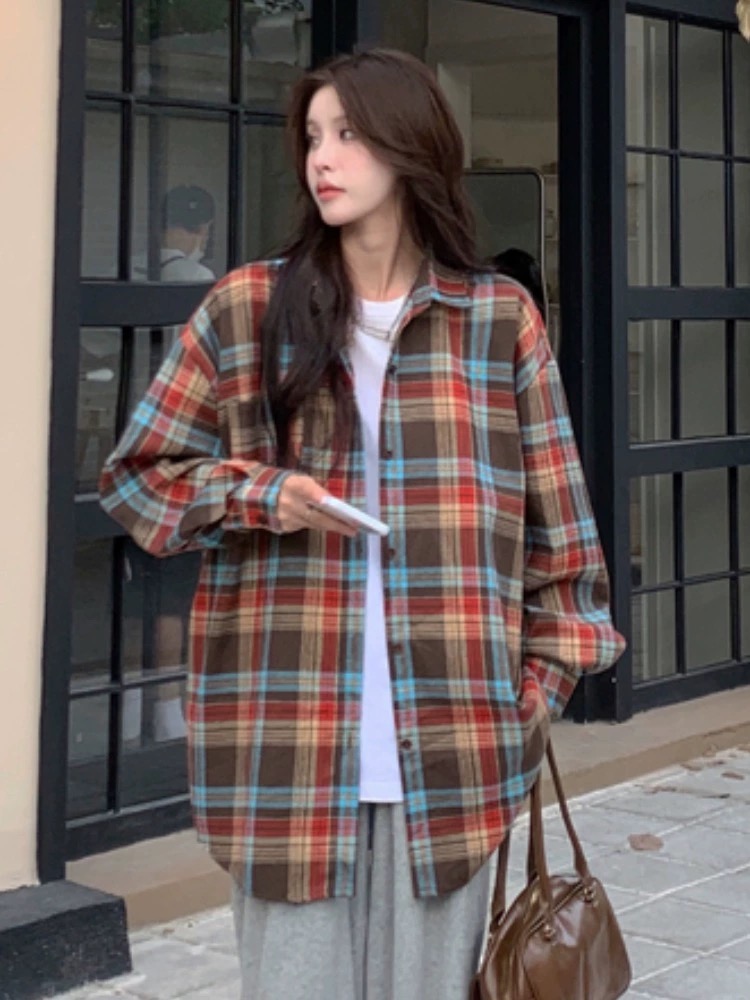 Contrast plaid shirt for women 2024 spring and autumn new long-sleeved thin shirt lazy style loose Korean cardigan jacket