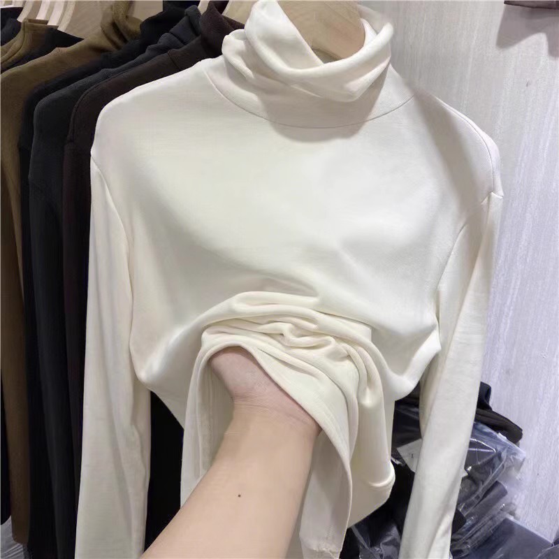 High collar basic bottoming shirt for women with velvet inner layer  autumn and winter new style plus velvet thickened warm top long-sleeved T-shirt