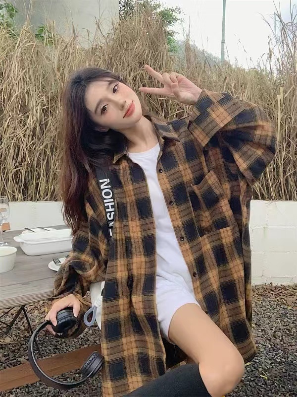 Autumn new large size fat mm American retro brushed plaid shirt top lazy style loose shirt jacket for women