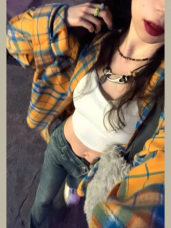 Yellow plaid shirt women's spring design niche loose high street retro Polo collar long-sleeved shirt ins trend