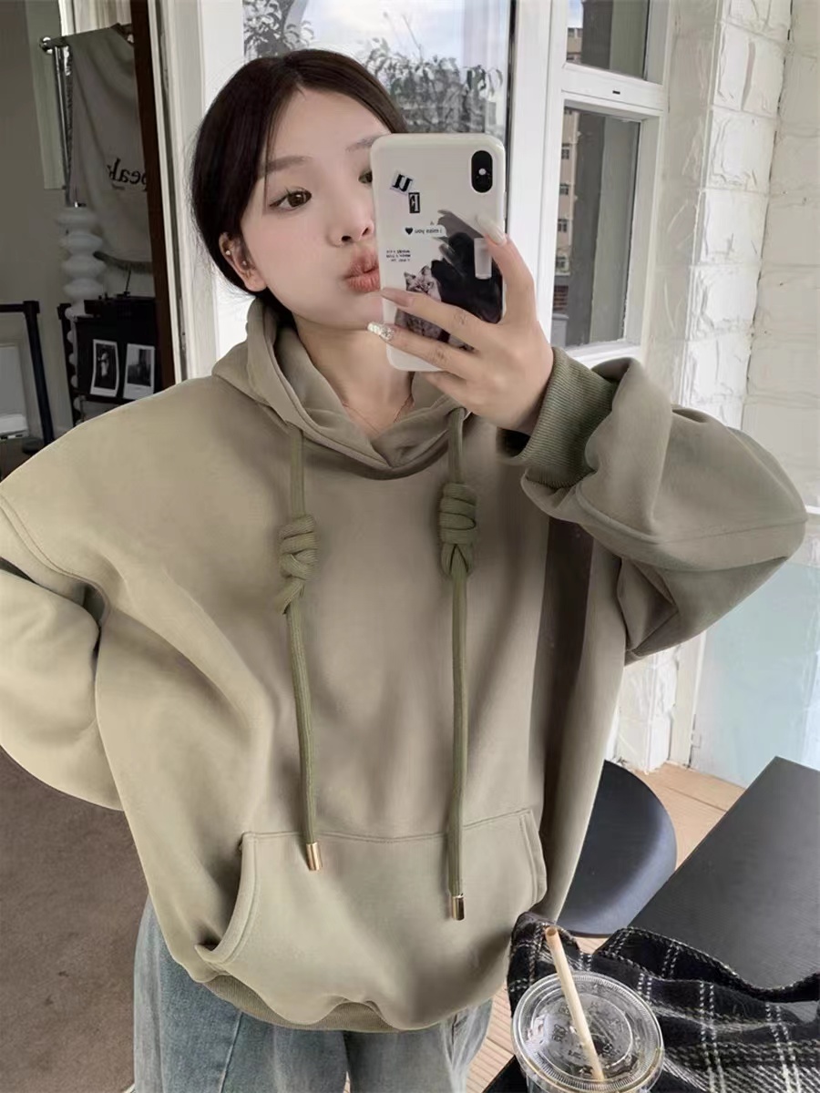 CVC Huamian Silver Fox Velvet Winter  New Korean Style Loose Drawstring Hooded Plus Velvet Long Sleeve Sweater Women's Lazy