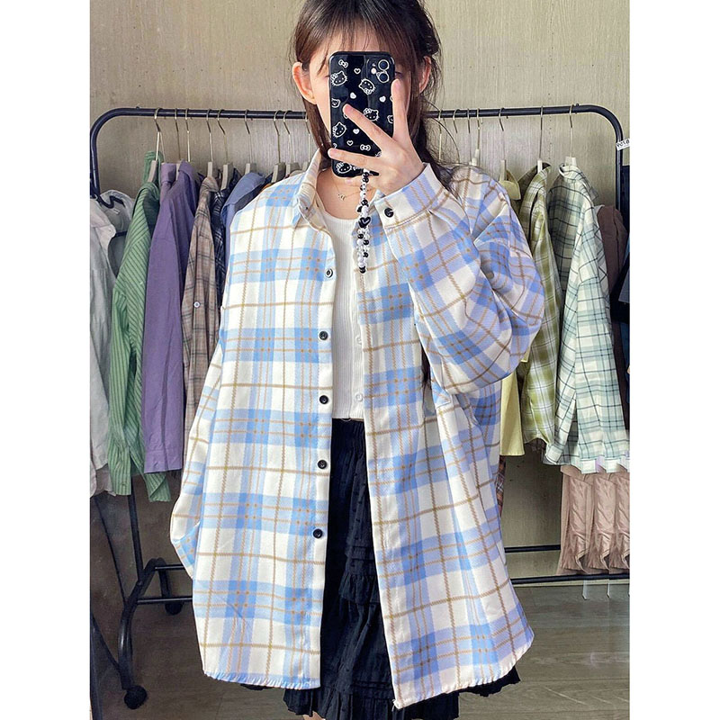 2024 spring thin forest style fresh blue plaid shirt women's shirt with cardigan loose lazy style top