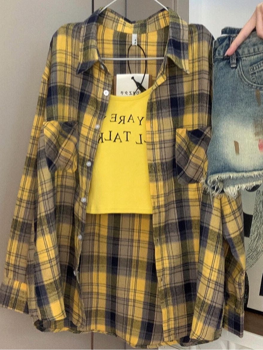 Dopamine wear pure cotton yellow and black plaid shirt women's loose lazy style mid-length shirt sun protection shirt wear outside