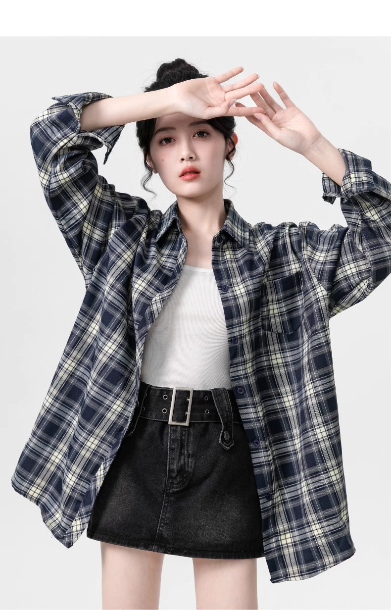 POLO collar plaid long-sleeved shirt for women 2024 spring and autumn new retro Hong Kong style casual thin shirt jacket top