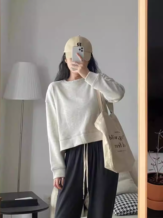 100% cotton surface Chinese cotton 320g/420g spring and autumn 2024 new solid color slim short round neck pullover sweatshirt for women