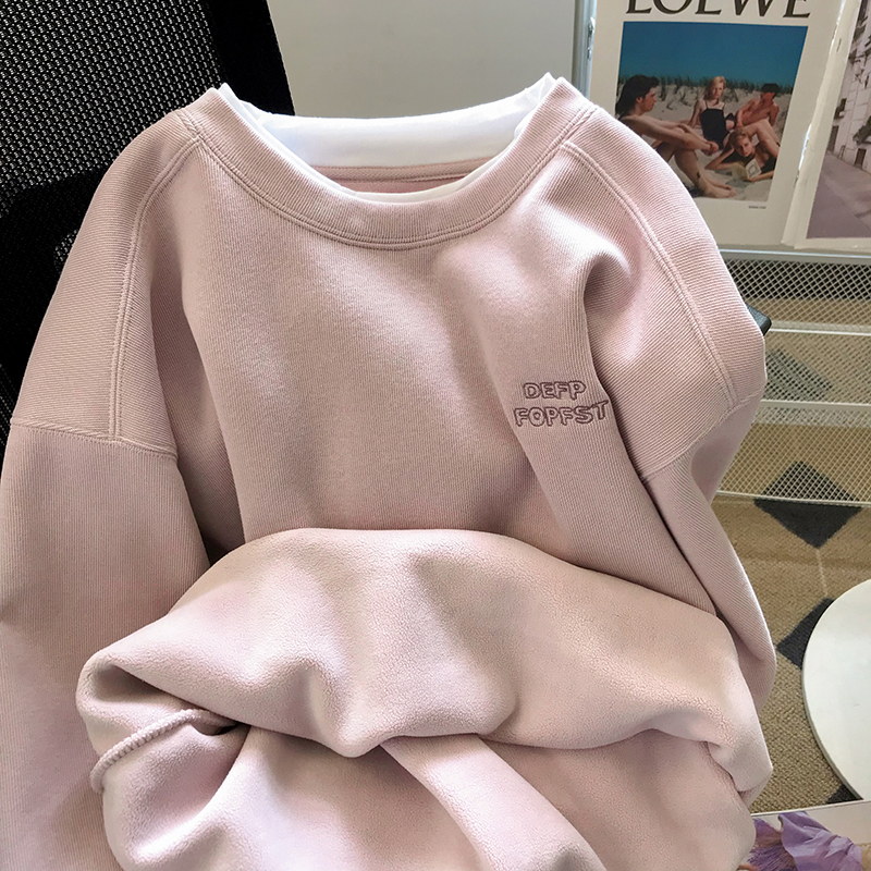 Fake two-piece lotus root pink sweatshirt for women in autumn and winter new style plus velvet and thickened student loose ins long-sleeved top