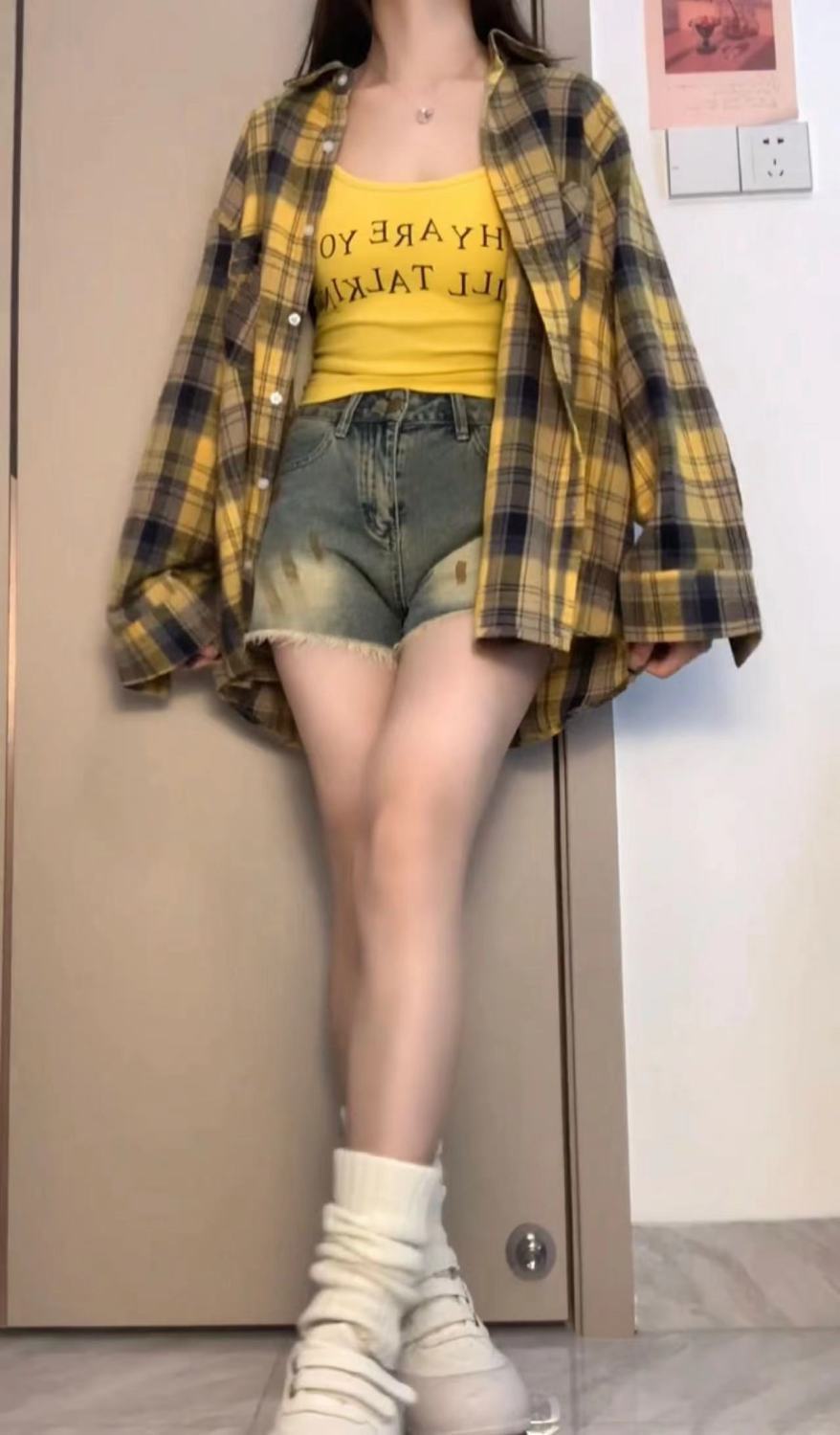 Dopamine wear pure cotton yellow and black plaid shirt women's loose lazy style mid-length shirt sun protection shirt wear outside