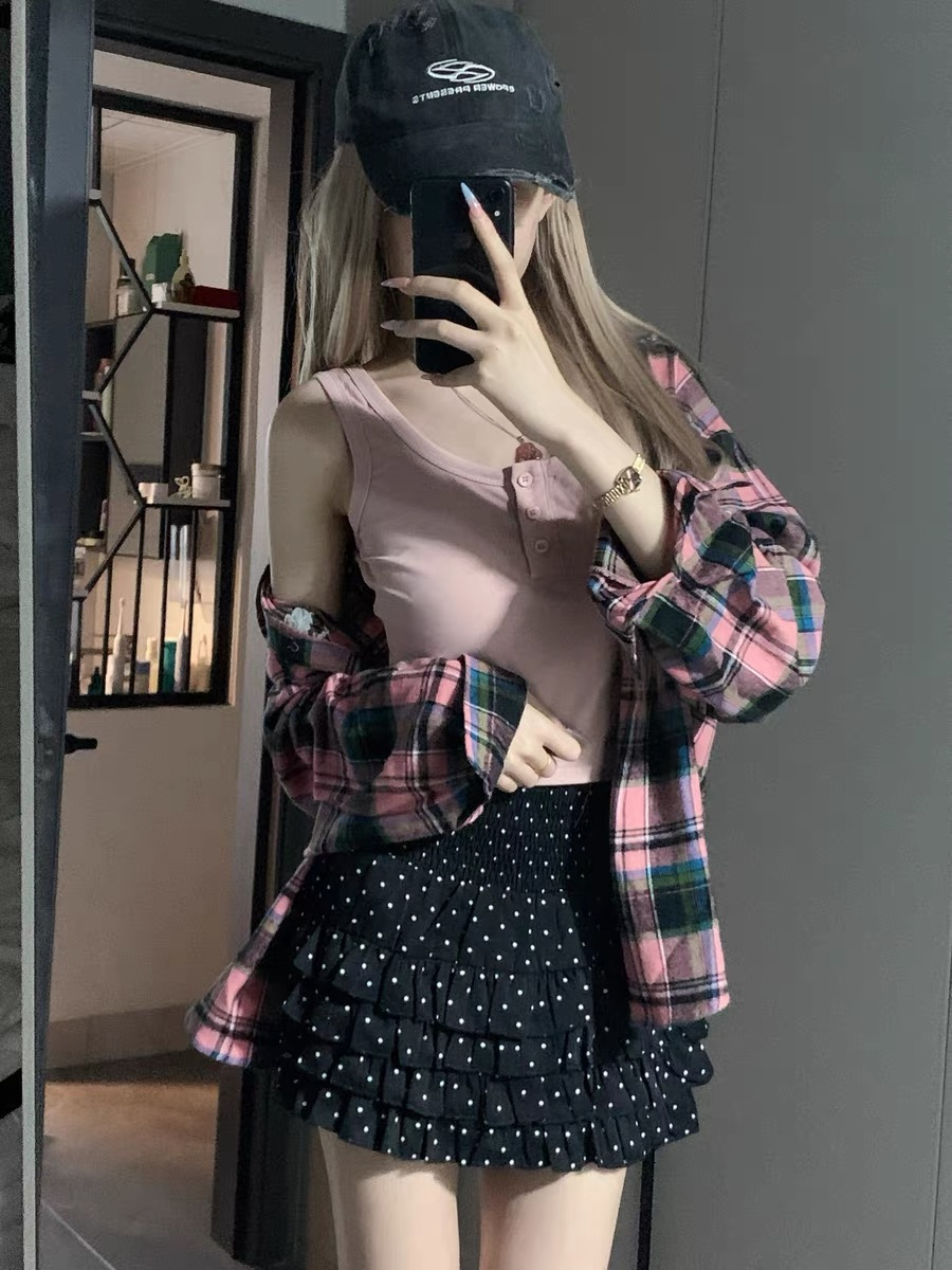 College style black and pink plaid shirt sun protection top for women 2024 loose casual long-sleeved velvet thickened shirt jacket