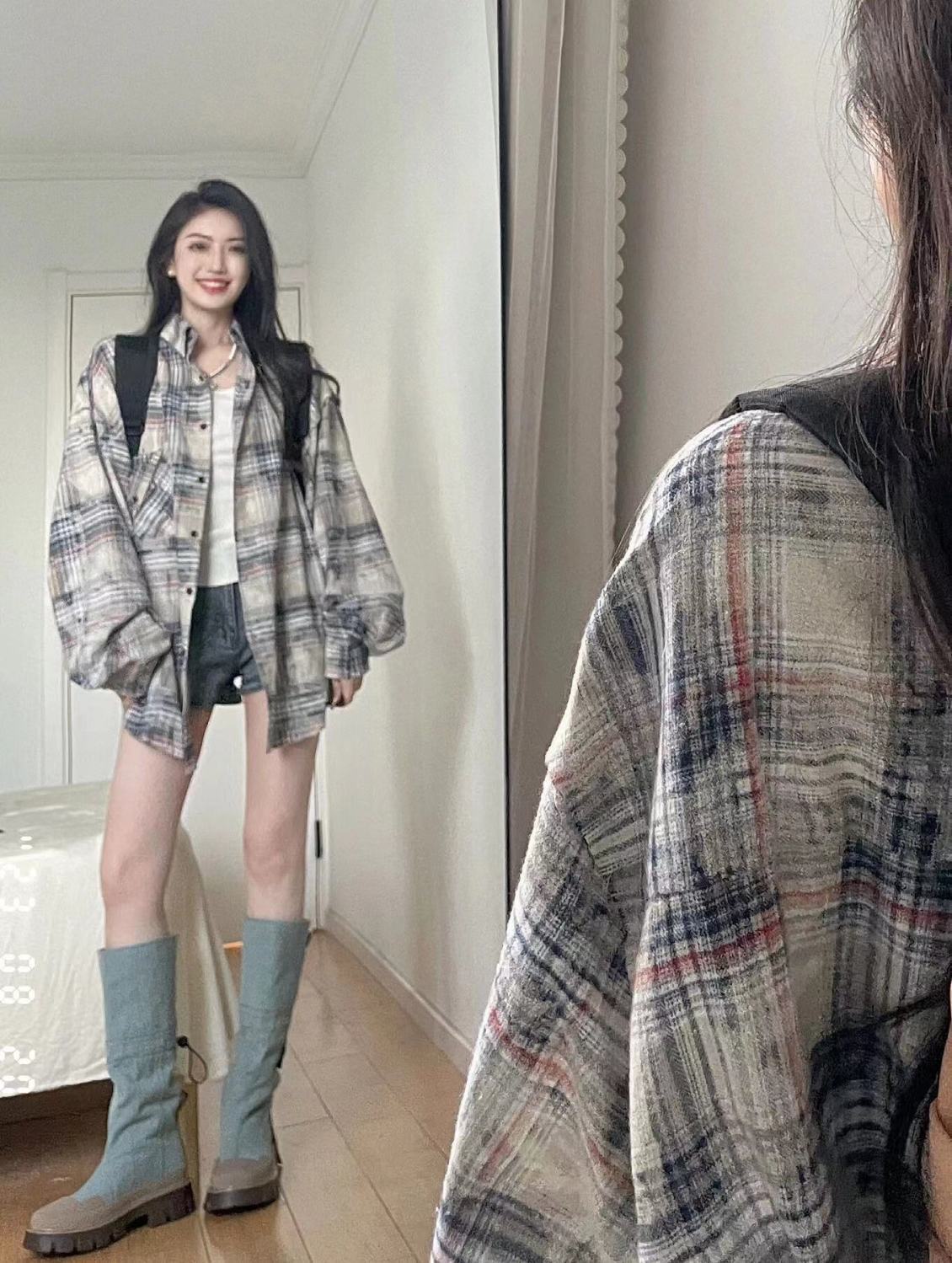 2024 Autumn and Winter American Retro Plaid Shirt Women's Loose Versatile Casual Cardigan Long Sleeve Lapel Shirt Jacket Trendy