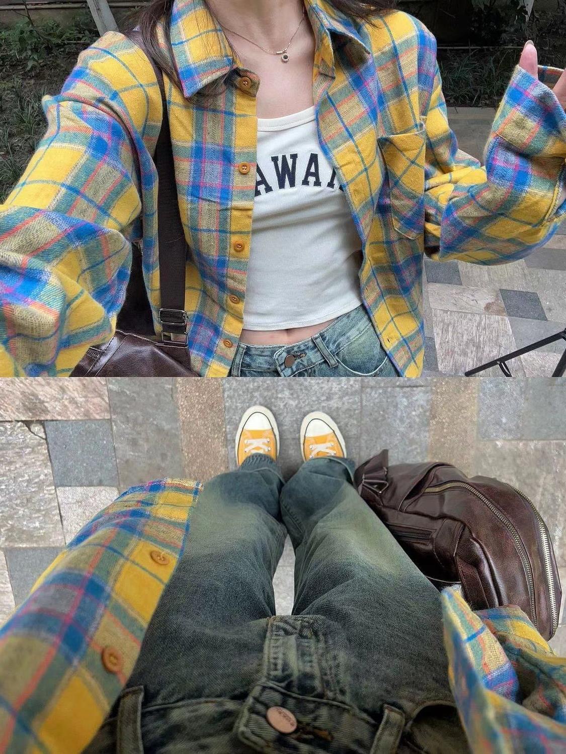 Yellow plaid shirt women's autumn design niche loose high street retro Polo collar long-sleeved shirt ins trend