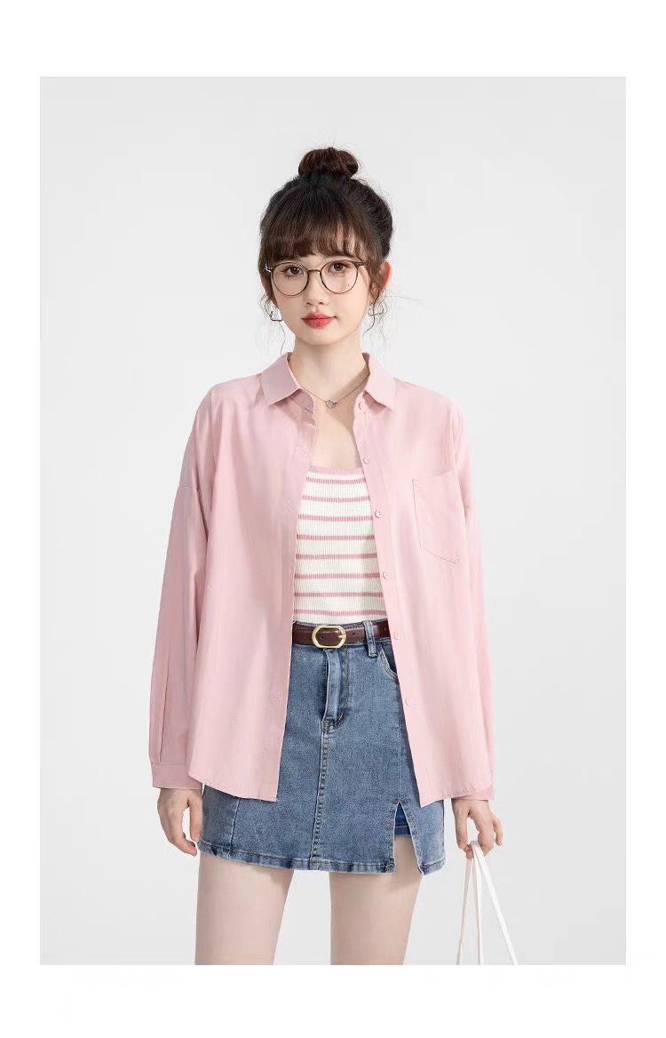 New early autumn lotus pink pure cotton shirt for women to wear inside and outside niche design long-sleeved tops petite shirt