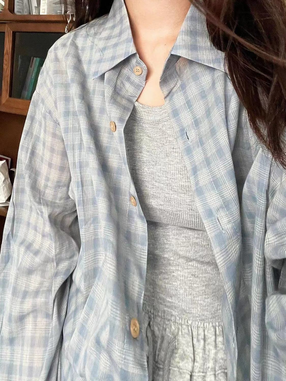 Original fabric blue plaid shirt women's summer sun protection shirt loose lazy style cardigan thin casual long sleeve