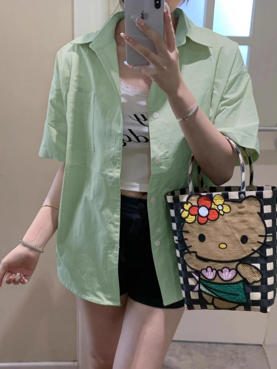 Green short-sleeved shirt for women 2024 new summer loose Korean style solid color top versatile casual niche fresh shirt