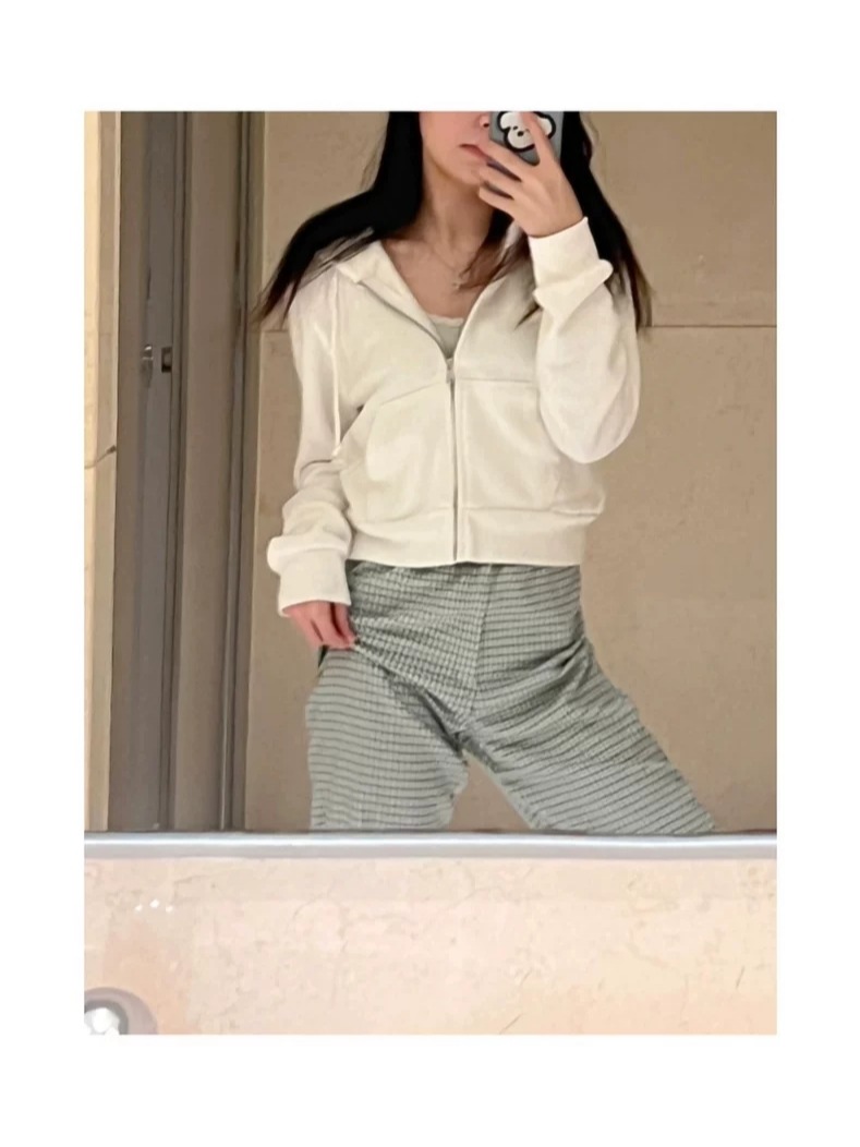 100% cotton surface Chinese cotton 320g/420g spring and autumn 2024 new solid color slim short zipper cardigan sweatshirt for women