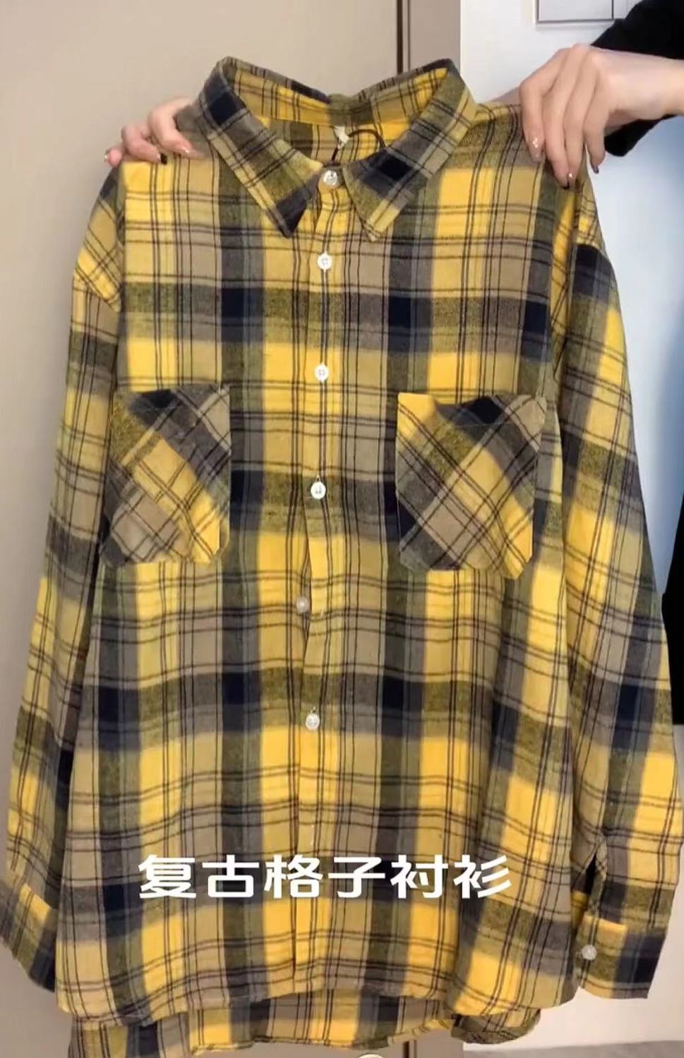 Dopamine wear pure cotton yellow and black plaid shirt women's loose lazy style mid-length shirt sun protection shirt wear outside