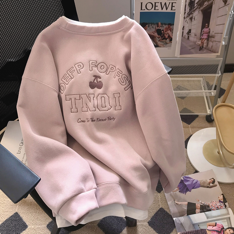 Fake two-piece lotus root pink sweatshirt for women in autumn and winter new style plus velvet and thickened student loose ins long-sleeved top