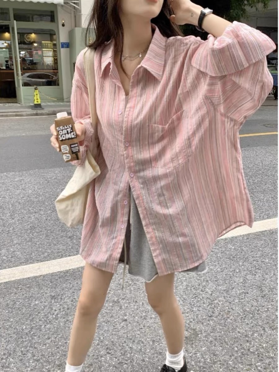 Original fabric breathable and thin striped cotton and linen long-sleeved shirt for women summer oversize design pink sun protection